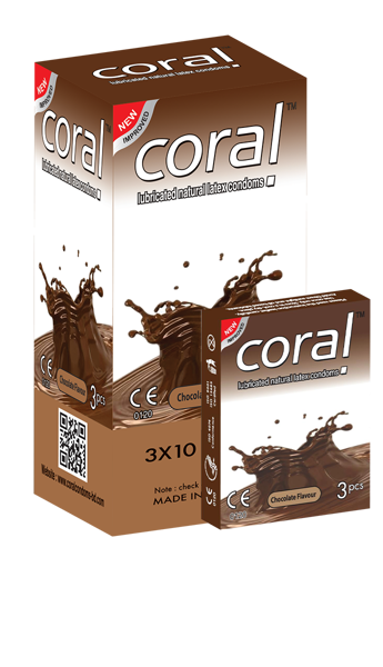 Picture of Coral Chocolate Flavors Lubricated Natural Latex Condoms Full Box (30 Pcs)