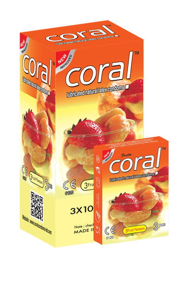 Picture of Coral 3 Fruits Flavors Lubricated Natural Latex Condoms Full Box (30 Pcs)