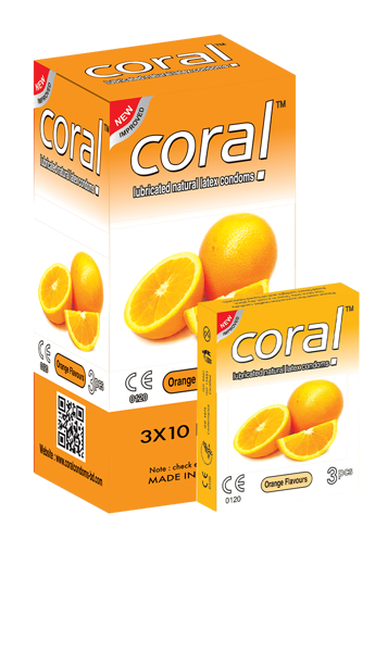 Picture of Coral Orange Flavors Lubricated Natural Latex Condoms Full Box (30 Pcs)