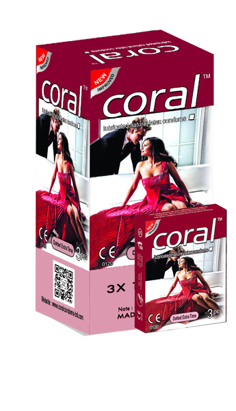 Picture of Coral Dotted Extra Time Lubricated Natural Latex Condoms Full Box (30 Pcs)