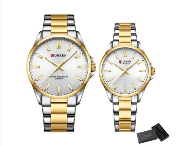 Picture of CURREN 9090 Couple Quartz Watch Bracelet For Stainless Steel Analog Fashion Creative Leisure Round Watch - SILVER & GOLDEN WHITE