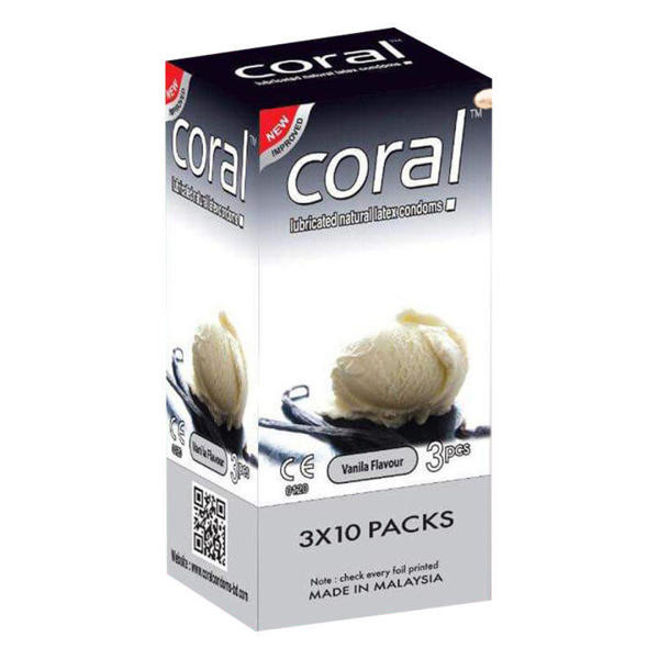 Picture of Coral Vanilla Flavors Lubricated Natural Latex Condom for Men | Full Box 3x10=30pcs | Malaysia